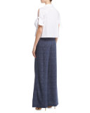 Short Tie-Sleeve Stretch-Poplin Boxy Top, White