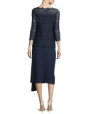 3/4-Sleeve Tiered-Lace Blouse, Midnight Blue