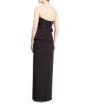 Strapless Pleated-Bodice Peplum Gown, Black