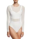 Bralette Mesh Thong Bodysuit, White