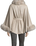Belted Fox Fur-Trim Cashmere Cape, Taupe