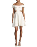 Vanessa Off-the-Shoulder Fringe-Trim Party Dress, Ivory