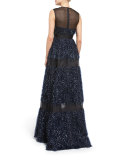 Sleeveless Metallic Chevron-Fringe Gown, Navy