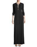 Jolene Long-Sleeve Lace-Up Maxi Dress, Black