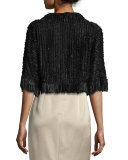 Fringe-Trim Braided Leather Bolero Jacket, Black