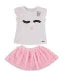 Winky Face Tee w/ Tiered Tulle Ruffle Skirt, Pink, Size 3-7