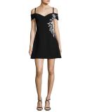 Larkin Cold-Shoulder Embroidered A-Line Mini Dress, Black/White