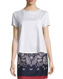Short-Sleeve Cotton Jersey Lace-Trim Tee, White