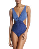 Denim V-Neck Cutout Underwire One-Piece Swimsuit