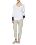 Rolled-Cuff Boyfriend Trousers, Light Khaki