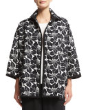 Floral-Print Open-Front Jacket, Black