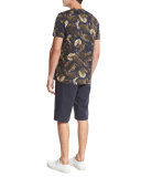 Leaf-Print Crewneck Pima Cotton T-Shirt, Navy
