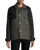 Short Two-Tone Wool Trench Coat, Olive Green/Heather Black