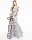 Cap-Sleeve Striped Floral Ball Gown 