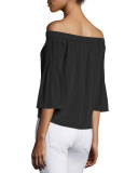 Pintucked Silk Off-the-Shoulder Top, Black