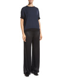 Contrast-Trim Silk Tee, Blue/Black