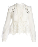 Floral-Lace Long-Sleeve Top, Cream