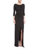 3/4-Sleeve Twist-Front Gown, Black
