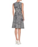 Line-Print Sleeveless A-Line Dress, Navy/Multi