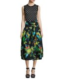 Belted Parrot-Print A-Line Midi Skirt, Black/Multi