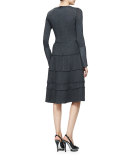 Long-Sleeve Tiered-Skirt Dress, Gray