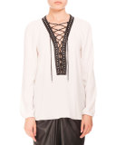 Studded Lace-Up Peasant Blouse, Natural White