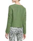 Long-Sleeve Round-Neck Tweed Jacket, Green