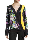 Floral-Print Silk Crossover Tie Blouse, Multicolor