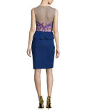 Sleeveless Embroidered Peplum Dress, Navy