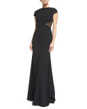 Cap-Sleeve Lace-Back Mermaid Gown, Black