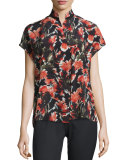 Eloise Short Dolman-Sleeve Floral-Print Silk Blouse, Black Multi