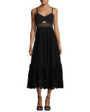 Piqué Cutout Lace Midi Dress, Black