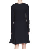 Long-Sleeve Flounce-Hem Dress, Navy