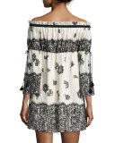 Danica Off-the-Shoulder Lace-Print Babydoll Dress, Ecru/Black
