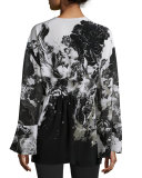 Long-Sleeve Floral-Print Caftan, Black/White