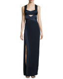 Sleeveless Keyhole Slit-Hem Gown, Midnight