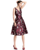 V-Neck Floral-Print Fit-&-Flare Dress, Bordeaux