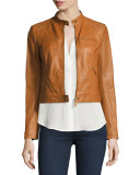 Dezra Leather Moto Jacket, Vintage Cognac