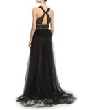 Sleeveless V-Neck Tulle Peplum Gown, Noir