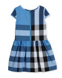 Judie Cap-Sleeve Smocked Check Shift Dress, Blue, Size 4-14