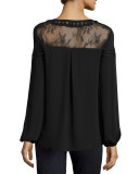 Phoebe Long-Sleeve Tasseled Lace-Yoke Silk Blouse, Black