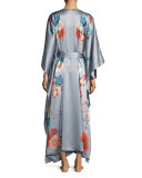 V-Neck Floral-Print Long Satin Wrap Robe, Silver