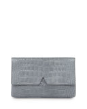 Crocodile-Embossed Medium Clutch Bag, Chambray