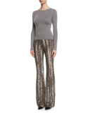 Metallic Herringbone Paillette Pants, Slate/Suntan
