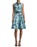 Sleeveless Belted Floral Shirtdress, Blue