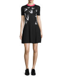 Short-Sleeve Jacquard Skater Dress, Black/White