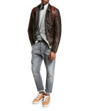 Striped Fine-Gauge Crewneck Sweater, Gray