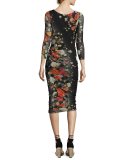3/4-Sleeve Ruched Floral Tulle Sheath Dress, Black Pattern