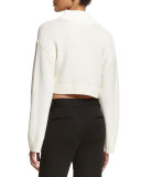 Long-Sleeve Cropped Wool-Blend Sweater, White