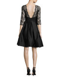 3/4-Sleeve Lace-Bodice Full-Skirt Short Dress, Black 